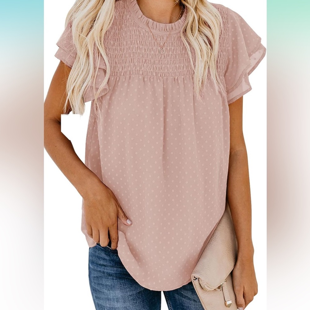 NWOT Amazon Dokotoo Pink Women’s Flowy Short Sleeve Blouse Size Large
